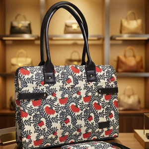 Sac fourre-tout en jacquard floral fait main avec pochette assortie - Product Image 1