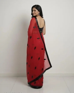 Sari KV para Mujer, Diseño Panpatti Rojo y Negro, Georgette de Secado Rápido, Largo hasta el Suelo, con Blusa sin Coser - Product Image 3