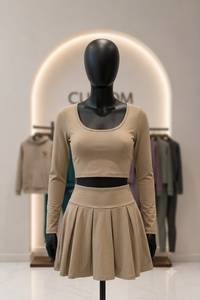 Women’s Long Sleeve Tennis & Activewear Set with Crop Top and High Waist Pleated <b>Skirt</b>, Soft Stretch Fabric. - Product Image 2