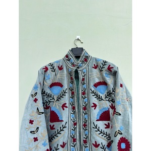 SHYAM EXPORT Hand Embroidered Floral Cotton Velvet <b>Jacket</b> with <b>Mandarin</b> <b>Collar</b> and Full Sleeves in Light Blue and Red Pattern - Product Image 1