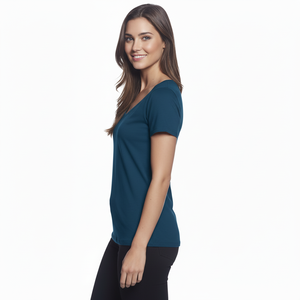 T-shirt pour femme à manches longues, léger, écologique, en coton et fibre de bambou, avec étiquettes personnalisées, col rond et boutonnière - Product Image 3