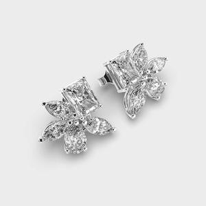 Solid 925 <b>Sterling</b> <b>Silver</b> Rhodium Plated Radiant Cut Diamond <b>Stud</b> Earrings Marquise Floral Cluster IGI Anniversary Party Gift - Product Image 3