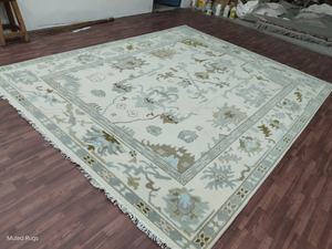 Alfombra hecha a mano en beige suave, verde salvia y gris claro, alfombra grande de lana anudada a mano en beige marfil y verde salvia. - Product Image 4