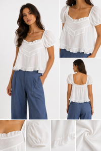 Premium Quality Summer Vacation Two Piece Woven Suit-White Elegant Blouse & Breathable Blue Casual <b>Pants</b> 100% Cotton Outfit Set - Product Image 5