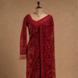 Heavy Embroidery Sequence Work Faux Georgette Saree With Embroidery Work Full Stitched Georgette <b>Blouse</b> Party Wear - Product Image 1