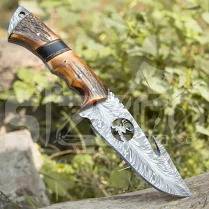 Couteau de chasse OEM Wirecut en acier Damas, couteau à dépecer, manche en bois de cerf, lame fixe, couteau de camping et d'extérieur EDC avec étui en cuir - Product Image 5