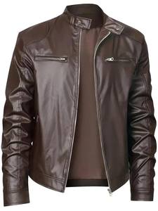 Chaqueta de Motociclista para Hombre, de Cuero Genuino, Transpirable, Resistente al Viento, con Cuello Alto, Cierre de Cremallera, Corte Ajustado, para Invierno, Largo Regular - Product Image 1