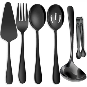 Luxury <b>Black</b> Stainless Steel Serving Utensils Set <b>Large</b> Serving Spoon Slotted Spoon Soup Ladle Catering Buffet Flatware Spoons - Product Image 1