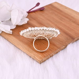 Green Cats'eye & Pearl Gemstone Floral Design Boho <b>Silver</b> Plated Bezel Setting <b>Adjustable</b> Big <b>Ring</b> - Product Image 6