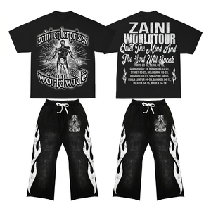 ชุดเสื้อยืดและกางเกงขายาวผู้ชาย Zaini Enterprises พรีเมียม รักษ์โลก ผ้าฝ้าย 100% 280 GSM สีดำม่วง แฟชั่นลำลองฤดูร้อน สไตล์สตรีทแวร์ - Product Image 1
