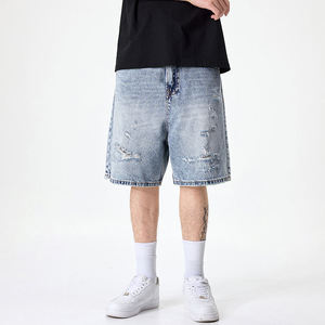 Men's Light Wash Distressed Denim Shorts Straight Leg Mid Waist Casual Summer Wear Ripped Hole Design Woven Cotton Fabric - Product Image 3