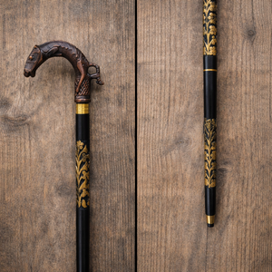 ไม้เท้าหัวม้าลายไม้ขัดเงาหรูหราสไตล์สัตว์ |   ไม้เท้าพับได้ทำมือพร้อมด้ามจับทองเหลืองสำหรับเดินทาง |   ของขวัญวินเทจ - Product Image 1