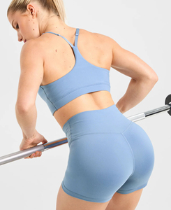 Conjunto de Yoga de 2 Piezas para Mujer, Color Azul, Cuello Redondo, Top Corto Estilo Racerback, Shorts de Cintura Alta, Color Personalizado, Sin Costuras, Transpirable, Spandex 180 g - Product Image 3