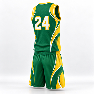 Ensemble de maillots de basket respirants personnalisés vert et jaune, imprimé par sublimation, col en V, sans manches, uniformes en mesh, taille élastique, pour adultes - Product Image 3