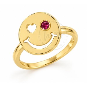 Bague en laiton plaqué or avec visage souriant et cœur en zircon rubis, bijoux fantaisie mignons, vente en gros, bague personnalisée - Product Image 3