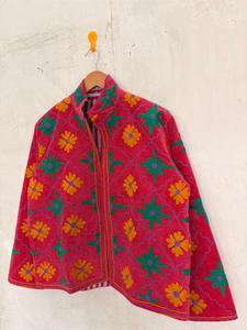 เสื้อแจ็คเก็ตผ้ากำมะหยี่สีชมพูปักลายซูซานีสำหรับผู้หญิง  ลายดอกไม้ แขนยาว คอตั้ง ทำมือ สไตล์โบโฮ เสื้อโค้ทฤดูหนาว - Product Image 4