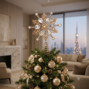 Adorno de copo de nieve dorado con diamantes de imitación para la punta del árbol de Navidad, con detalles de cristal y base metálica en espiral - Product Image 3