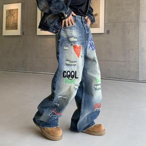 American High Street Digital Printed <b>Jeans</b> High Quality Relaxed Fit Hip Hop Wide Leg Straight Leg Casual Pants - Product Image 4