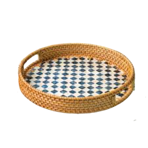 Handmade Natural Rattan Round Serving Tray Mother Of Pearl Inlay Checkerboard Pattern And <b>Handles</b> Fo Home Kitchen Decoration - Product Image 6