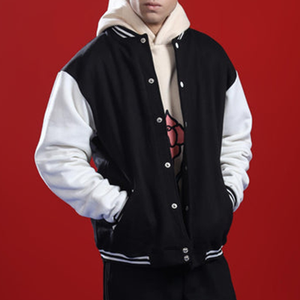 Men's <b>Black</b> <b>and</b> White <b>Varsity</b> <b>Jacket</b> with <b>Red</b> Logo Print Front Embroidery Stand Collar Casual Autumn Wear Wool/Polyester - Product Image 5