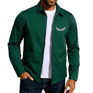 Veste zippée bleu marine pour homme avec broderie d'ailes, coupe-vent décontractée, col rabattable, manches longues, couleur unie - Product Image 6