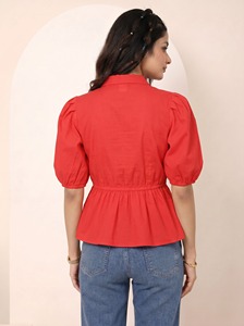 Summer Cotton Tops Elastic Waist Breathable <b>Shirts</b> Office Daily Wear Casual Blouse <b>Button</b> Lady Casual Cotton Peplum <b>Shirt</b> Top - Product Image 4
