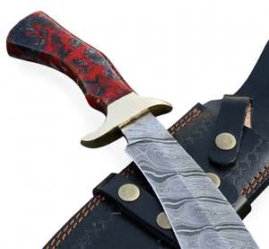 Couteau utilitaire courbé en acier Damas fait main, manche en bois de résine rouge, lame fixe, outil de collection - Product Image 5
