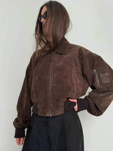 Brown <b>Suede</b> Bomber <b>Jacket</b> With Zipper Closure Turn-down Collar Casual Short Length Unisex Autumn Wear - Product Image 3