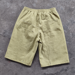 Shorts Bermuda en toile unie pour homme, taille élastique, poches décontractées, respirant, en coton tissé, taille mi-haute - Product Image 2
