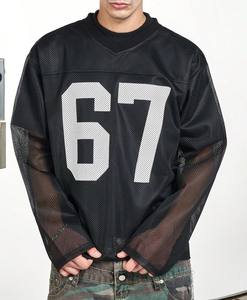 Camisetas de malla de poliéster extragrandes personalizadas para hombre, cuello en V, estilo jersey de fútbol americano, manga larga, streetwear retro vintage, jersey holgado. - Product Image 1