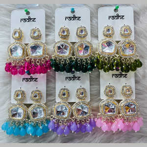 Pendientes colgantes de piedra y cuentas Kundan chapados en oro, joyería fina 11103259PK - Product Image 1