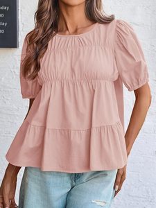 Womens Puff Sleeve Peplum Babydoll <b>Tops</b> Summer Flowy Pleated Cotton T-Shirts Casual Loose Fit Cute Blouse - Product Image 2