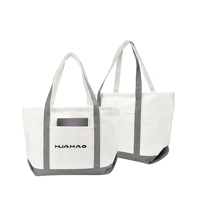 huahao custom logo print canvas natural plain shopping cotton tote bag with zipper 17 inch