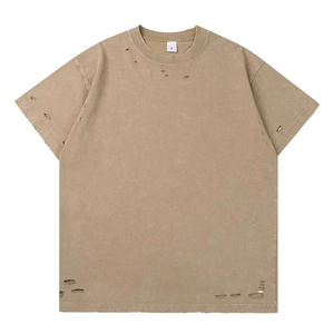 เสื้อยืดโอเวอร์ไซส์สีเบจสำหรับผู้ชาย ผ้าฝ้าย แต่งรูขาด คอโอ แขนสั้น สไตล์ลำลอง ไซส์พลัส เนื้อผ้าเจอร์ซีย์ถัก ซักแล้วไม่เป็นขุย - Product Image 1