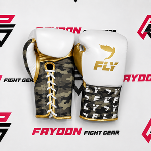 Black/Golden/White Customized New Fly Printed Adjustable Hook & Loop Laced Up Sparring Boxing Gloves - Product Image 6