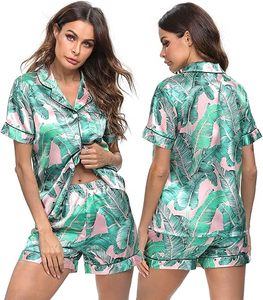 Ensemble de pyjama en satin de soie de luxe pour femmes RTS, taille élastique, manches courtes, uni, pour l'automne/l'hiver/l'été - Product Image 1