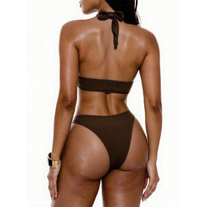 Conjunto de Bikini Halter Acanalado de Moda para Mujer, Traje de Baño de Dos Piezas con Anillo Metálico, Transpirable, para Playa, Fabricante OEM de Marca Privada - Product Image 3