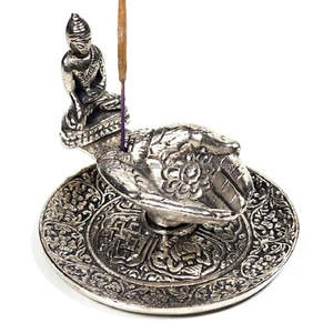 Brûleur d'encens haut de gamme en aluminium argenté, écologique, avec motif Mains offrant et Bouddha, parfum Bois d'Agar - Product Image 1