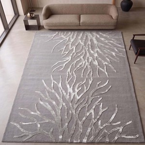 Alfombra de lujo gris y plateada con diseño de ramas, hecha a mano con lana y seda, moderna y de diseño, para sala de estar, dormitorio y decoración del hogar. - Product Image 5