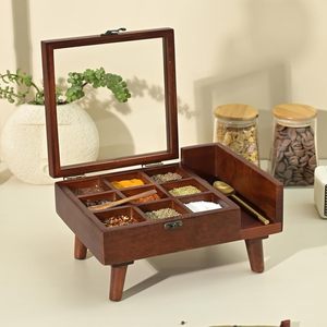 Caja de especias india de madera con nueve compartimentos, cuchara decorativa, multiusos, apta para lavavajillas, ecológica, para el hogar y restaurantes, venta al por mayor - Product Image 5