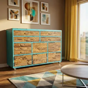 Vintage Reclaimed Wooden Sideboards 12 <b>Drawers</b> Blue Painted Heavy Storage Buffet Cabinet Handcrafted For Hotel Home Living Room - Product Image 5
