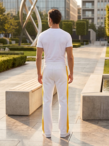 Men's White Sweatpants With Yellow Side Stripe Elastic Waist <b>Drawstring</b> Casual Joggers Flare Pants Spring Mid-Weight Flare Pants - Product Image 4