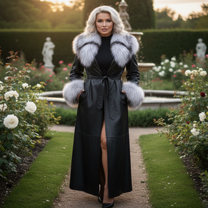 Abrigo largo de piel de pez con diseño de cinturón para mujer, con forro de seda y piel de zorro, al por mayor, personalizado, gabardina negra para mujer - Product Image 3