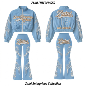 Ensemble coupe-vent pour femme en tissu polyester Taslan 145 GSM, pantalon évasé bleu ciel, broderie, logo personnalisé, OEM, ODM, marque privée - Product Image 1