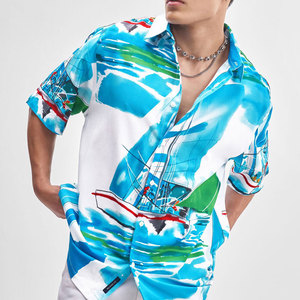 เสื้อเชิ้ตฮาวายแขนสั้นพิมพ์ลายสีน้ำเงินสำหรับผู้ชาย ปกคอพับได้ เหมาะสำหรับใส่ในช่วงวันหยุดฤดูร้อน ผ้าป๊อปลินระบายอากาศได้ดี - Product Image 1