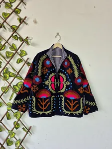 Luxury Navy Blue <b>Velvet</b> Suzani Embroidered <b>Jacket</b> With Floral Pattern Full Sleeve Stand Collar Bohemian <b>Women's</b> Autumn Coat - Product Image 1