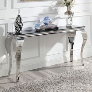 Glamorous Contemporary 1-Piece <b>Console</b> <b>Table</b> <b>Black</b> Glass Top Stainless Steel Cabriole Style Legs Silver Color for Living Room - Product Image 2