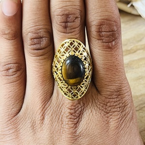 Latest Design Tiger Eye Cabochon <b>Ring</b> 18k Gold Plated Flower Filigree Setting Boho <b>Statement</b> Vintage Wholesale <b>Ring</b> For Women - Product Image 6