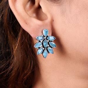 Oxidized Silver Brass Boho Tribal Ethnic Stud Earrings Multi Color Onyx Floral Vintage Indian Bohemian Party Gift for Women - Product Image 1