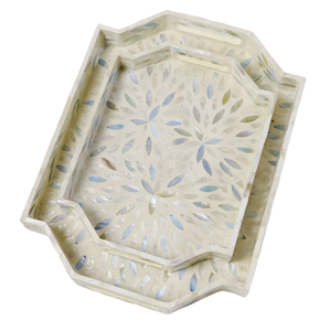 Handcrafted Mother Of Pearl Inlay Serving Tray <b>Grey</b> Floral Design Wooden Decorative Food Platter For Home <b>Dining</b> Ottoman Decor - Product Image 4